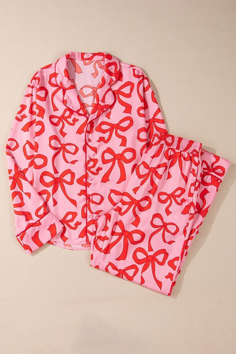 Pink 2pcs Bow Print Shirt Style Long Sleeve Pajama Set - Love Salve